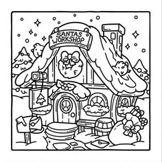 a coloring page with an image of santa's house and his toys in the snow