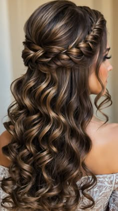 Explore stunning prom hairstyles for long hair ideas ranging from elegant updos to beautiful half-up, half-down styles for brunettes with straight, simple, and elegant looks. Discover easy, unique, and pretty half-up, down, curly styles for a glamorous prom look. Bride Hairstyles Half Up Half Down Brown Hair, Wedding Long Curly Hair, Wedding Hairstyles Long Hair Half Up, Curly Bridal Hair Down, Wedding Hairstyles Brunette Long, Bouffant Half Up Half Down, Wedding Hairstyles Curly Hair Half Up, Curls With Braids, Fall Wedding Hairstyles For Long Hair