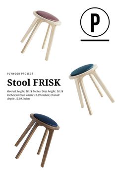 three stools with wooden legs and blue cushions on the bottom, one is made from wood