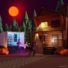 two people are dancing in front of a house with pumpkins on the ground and trees