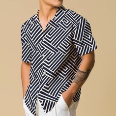 Elevate your vacation wardrobe with this Geometric Art Deco Shirt for Men, a stylish button-up featuring an abstract design perfect for travel lovers. This modern vacation wear casual button-down shirt is also available in plus sizes, making it an ideal gift for any fashion-forward traveler. 𝐃𝐄𝐓𝐀𝐈𝐋𝐒 🌀95% Polyester | 5% Spandex 🌀Boxy fit, straight cut 🌀Runs large, check your measurements against size chart 🌀Includes Chest Pocket 🌀Colors may appear different on different screens 𝗖𝗔𝗥 Short Sleeve Tops With Geometric Pattern For Vacation, Vacation Tops With Geometric Pattern And Short Sleeves, Vacation Geometric Pattern Short Sleeve Tops, Vacation Short Sleeve Top With Geometric Pattern, Casual Geometric Pattern Tops For Vacation, Beach Tops With Geometric Pattern And Short Sleeves, Patterned Collared Shirt For Vacation, Graphic Print Button-up Vacation Shirt, Modern Summer Shirt With Camp Collar