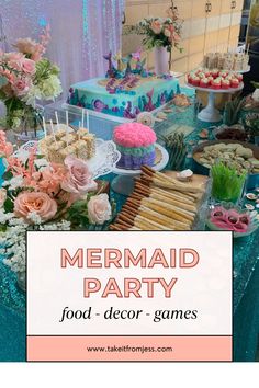 mermaid party food and desserts are displayed on a table with blue sequins