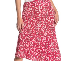 A Flounced Asymmetrical Hem Adds A Flowy Look To This Ditsy Print Midi Skirt. Fit: Junior's Sizing Xxs=000-00, Xs=0-1, S=3-5, M=7-9, L=11-13, Xl=15 - Concealed Back Hook-And-Eye Zip Closure - Split Side - Midi Length - Flounce Hem - Asymmetrical Hem Red Midi-length Summer Bottoms, Red Midi Length Bottoms For Summer, Red Flowy Casual Skirt, Spring Red Skirt For Brunch, Red Skirt With Asymmetrical Hem, Red Bottoms For Brunch, Casual Red Skirt For Brunch, Red Floral Print Skirt For Spring, Casual Red Bottoms With Asymmetrical Hem