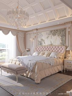 a large bed sitting in a bedroom next to a chandelier above a window