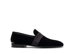 The Jenaro is the perfect option for formal occasions. This classic slipper loafer silhouette is crafted in luxurious velvet and features a contrasting satin strap across the vamp for a sophisticated appearance. Classic Party Loafers With Leather Sole, Designer Formal Slip-ons, Luxury Slip-ons For Formal Occasions, Evening Slip-on Loafers With Leather Sole, Luxury Slip-on Dress Shoes For Evening, Luxury Formal Slip-ons, Elegant Loafers With Leather Sole, Timeless Formal Slip-ons, Elegant Party Loafers With Leather Sole