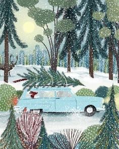 a painting of a blue car with a christmas tree on it's roof in the snow