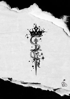 a black and white drawing of a crown on top of a torn piece of paper