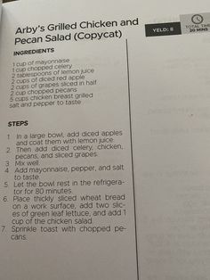 an open recipe book with instructions on how to make chicken and pecan salad