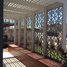 the sun is shining through the latticed screens on this porch