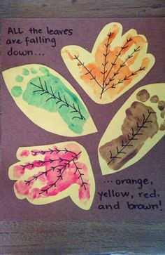 four different colored leaves with words written on the bottom, and one saying that says all the leaves are falling down orange, yellow, red, and brown