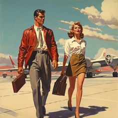 a painting of a man and woman walking down an airport tarmac with planes in the background