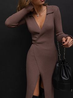 Knitted Fitted Dress, Knit Formal Dress, Knit Midi Dress Outfit Fall, Wrap Dress 2023, Collared Dress Outfit Casual, Winter Wrap Dress, Rib Knit Dress Outfits, Winter Elegant Dress, V Neck Outfit