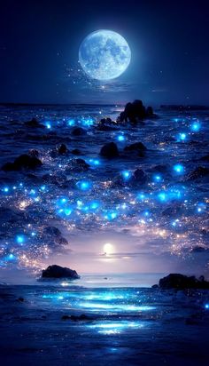 the ocean is full of blue lights and stars floating in the water at night time