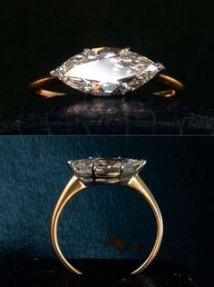 two different views of an engagement ring with diamonds on the sides and in the middle