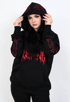 "Black hoodie with a red \"BURNING\" print on front and flames on hood and sleeves. The model is 167 cm tall and wears size XL. JOIN US ON INSTAGRAM 🌹 http://instagram.com/blvck.pl 🏷 PRODUCT DETAILS 🏷 Hand-printed Unisex 80% High-quality Cotton 20% Polyester Made in Poland 📏 SIZING & FIT 📏 All our sweatshirts and T-shirts are unisex. Measurements (width/length) S - 54/67 cm (21\"/26\") M - 57/69 cm (22.5\"/27\") L - 60/71 cm (23.5\"/28\") XL - 63/73 cm (25\"/29\") XXL - 65/76 cm (25\"/3 Emo Winter Streetwear Tops, Winter Emo Streetwear Tops, Emo Style Winter Streetwear Tops, Black Emo Hoodie For Streetwear, Black Hooded Emo Sweatshirt, Emo Graphic Print Sweatshirt For Winter, Halloween Grunge Streetwear Hoodie, Grunge Hooded Top For Streetwear, Hooded Grunge Tops For Streetwear