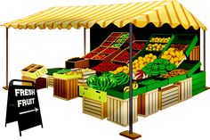 an outdoor market with fruits and vegetables under a yellow awning over the fruit stand