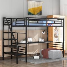 a loft bed with stairs and desk in the corner, next to a rug on the floor