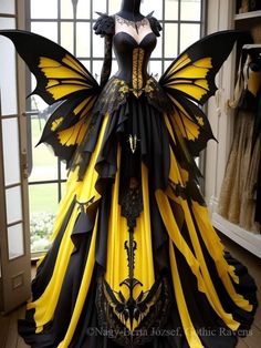 Black And Yellow Butterfly, Fairytale Fashion, Fashion Drawing Dresses, Dress Design Sketches, Yellow Butterfly, Butterfly Dress, Gothic Dress