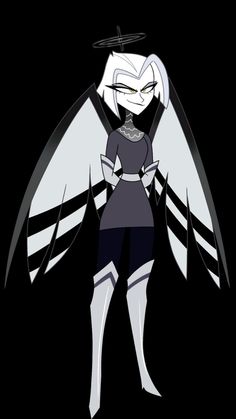 an animated character with wings on her head and black dress, standing in front of a dark