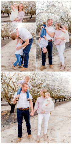 the family is posing for pictures in front of some trees