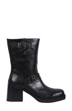 Add the edginess you crave to your ensemble with this leather boot brightened with polished buckles and lifted on a chunky block heel. 2 1/2" heel 7 3/4" shaft Cushioned footbed Leather upper/synthetic lining/rubber sole Imported Wide Calf Heeled Boots With Buckle For Work, Wide Calf Heeled Boots With Buckle Closure For Work, Classic High Heel Boots With Buckle Closure, Classic Boots With Buckle Closure, Block Heel Boots With Buckle Closure, Buckle Closure Heeled Boots For Workwear, Block Heel Boots With Buckle Closure In Medium Width, Leather Block Heel Moto Boots For Work, Leather Wide Calf Heeled Boots With Buckle Closure