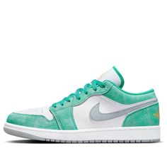 Introducing the Air Jordan 1 Low "New Emerald"! This unique sneaker features an intricate color blocking and a polished leather layer, giving it a stylish and professional look. The sneaker is finished with light green suede around the eye-stays, collar, toe, and heel, with a light gray leather layer sitting underneath. The laces, lining, and underside of the tongue are light green, while the Jumpman logos are gold with gray accents. (AJ1/SNKR/Retro/Unisex/Low Top/Non-Slip/Basketball/Shock-absorbing) Green Suede Sneakers With Boost Midsole, Modern Green Lace-up Custom Sneakers, Green Suede Low-top Custom Sneakers, Jumpman Logo, Unique Sneakers, Jordan 1 Low, Air Jordan 1 Low, Green Suede, Grey Leather