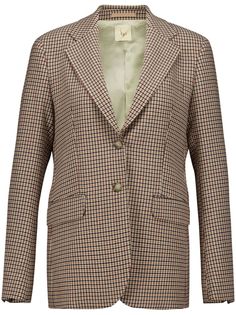 brown wool blend houndstooth pattern notched lapels front button fastening jetted chest pocket two side flap pockets long sleeves buttoned cuffs central rear vent Wardrobe Edit, Yoko London, Iconic Bags, Houndstooth Pattern, Exclusive Fashion, Wool Blazer, Lady Dior, Jacket Tops, Chest Pocket