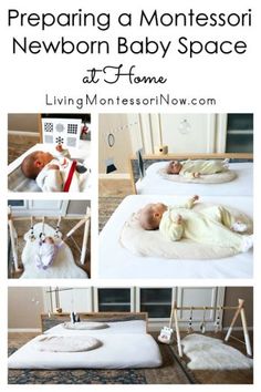 a baby laying on top of a bed next to a white cat and other pictures