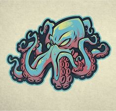 an octopus sticker is on the side of a white wall with blue and pink ink