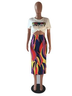 Short Sleeve T-shirt Colorful Striped Long Skirt Set Multicolor Stretch T-shirt For Summer, Multicolor Patterned T-shirt For Summer, Summer Multicolor Stretch T-shirt, Stretch Multicolor T-shirt For Summer, Multicolor Graphic Print Skirt For Spring, Spring Multicolor Graphic Print Skirt, Casual Multicolor Print Skirt For Spring, Multicolor Rainbow Print T-shirt For Spring, Multicolor Cotton T-shirt For Day Out