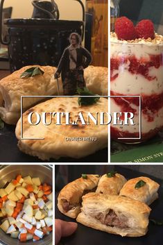 a collage of pictures with different food items and the words outlander on them