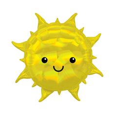 an inflatable yellow sun balloon with a smiley face