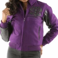 Ladies Pelle Pelle Wool Forever Flawless Purple Jacket Product Specification Material: Poly-cotton and Leather Collar: Shirt style Collar Inner: Soft Viscose lining Closure: Front open zipper closure Color: Purple Urban Purple Outerwear For Fall, Purple Varsity Jacket For Fall Streetwear, Urban Purple Outerwear For Winter, Urban Purple Winter Outerwear, Pelle Pelle Jackets, Purple Leather Jacket, Wool Jackets Women, Maroon Hoodie, Green Leather Jackets