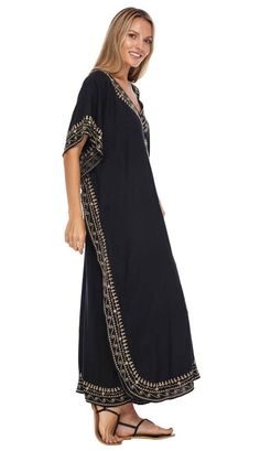 Beautiful long kaftan with embroidered trim. Lightweight swimwear coverup for any beach day! Stylish bohemian look with the handcrafted feel. Bohemian V-neck Kaftan With Intricate Embroidery, Long Kaftan With Floral Embroidery For Beach Cover-up, Casual Embroidered Kaftan For Beach Cover-up, Embroidered V-neck Summer Kaftan, Bohemian Embroidered Kaftan Beach Cover-up, Long Kaftan Dress, Long Kaftan, Bohemian Look, Kaftan Dress