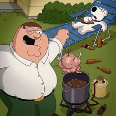 a man standing in front of a bbq with a dog on the back ground