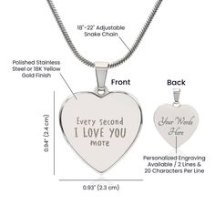 Surprise your loved one by giving them this sweet Engraved Heart Necklace! It's a classic and heartfelt jewelry piece that is sure be treasured. If the custom engraving option is available, you can choose to personalize onto the back of the pendant your loved one's name, a special date, or anything else you want to remember and keep you close to their heart. Each personalized piece offers exceptional craftsmanship that is fit to be an instant classic in your family.The Engraved Heart Necklace is Personalized Heart-shaped Engraved Jewelry, Heart-shaped Engraved Jewelry For Personalized Gift, Personalized Engraved Heart Jewelry, Engraved Double Heart Necklace For Memorial, Engraved Heart Pendant Jewelry For Personalized Gift, Memorial Double Heart Engraved Necklace, Engraved Stainless Steel Jewelry For Valentine's Day, Personalized Heart-shaped Meaningful Jewelry, Personalized Meaningful Heart Pendant Necklace