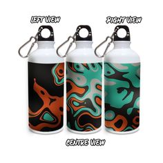 three different styles of water bottles with the same design on them, each one has an orange and green swirl pattern