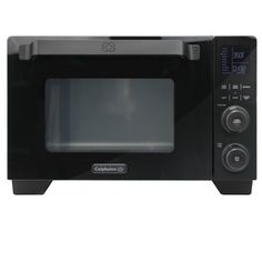 a black microwave oven with the door open