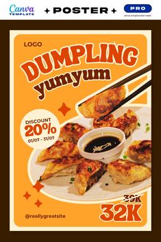 the poster for dumpling yummy is displayed with chopsticks and dipping sauce