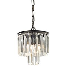 The Palacial Pendant features prismatic clear crystals suspended by an Oil Rubbed Bronze frame. The crystal's thick triangular profile bends light into various angles enhancing its visual depth and beauty. Contemporary Pendant, Mini Chandelier, Elk Lighting, Mini Pendants, Incandescent Bulbs, Bronze Color, Mini Pendant, Oil Rubbed Bronze, Indoor Lighting