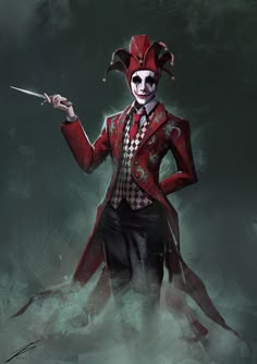 a creepy clown holding a knife in his right hand and wearing a red suit with white face paint