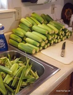 there are many pieces of corn in the sink and on the counter next to each other