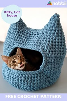 a cat sitting in a crocheted kitty house with the caption kitty, cat house free crochet pattern