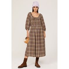 Brown plaid cotton blend (99% Cotton, 1% Elastane). Shift. Long sleeves. Scoop neck. Pull on. 43" from shoulder to hemline. Imported. Casual Brown Plaid Dress For Fall, Casual Plaid Midi Dress For Fall, Casual Plaid Dress For Fall, Midi-length Plaid Dress For Fall, Casual Plaid Midi Dress, Fall Gingham Plaid Midi Dress, Long Sleeve Plaid Cotton Dress For Fall, Long Sleeve Cotton Plaid Dress For Fall, Casual Gingham Cotton Midi Dress