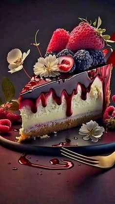 a piece of cake with berries and whipped cream on top