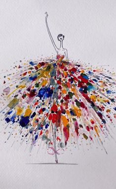 a drawing of a woman's dress made out of colorful paint splatters