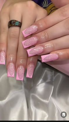 pink nails pink french tip glitter french tip nail inspo 2023 nails Pink French Tip Nails Rhinestones, Sparkle Base French Tip, Pink French Tip With Jewels, Glitter With French Tip, Glitter Base French Nails, Medium French Tip Acrylic Nails Pink, Sparkly Base French Tip Nails, Dark Pink And Silver Nails, Pink French Tip With Diamonds