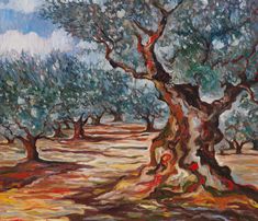 an oil painting of some trees in the desert