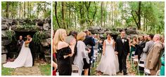 the bride and groom are walking down the aisle at their wedding ceremony in the woods