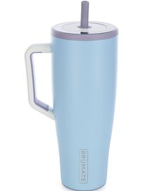 a light blue travel mug with a handle